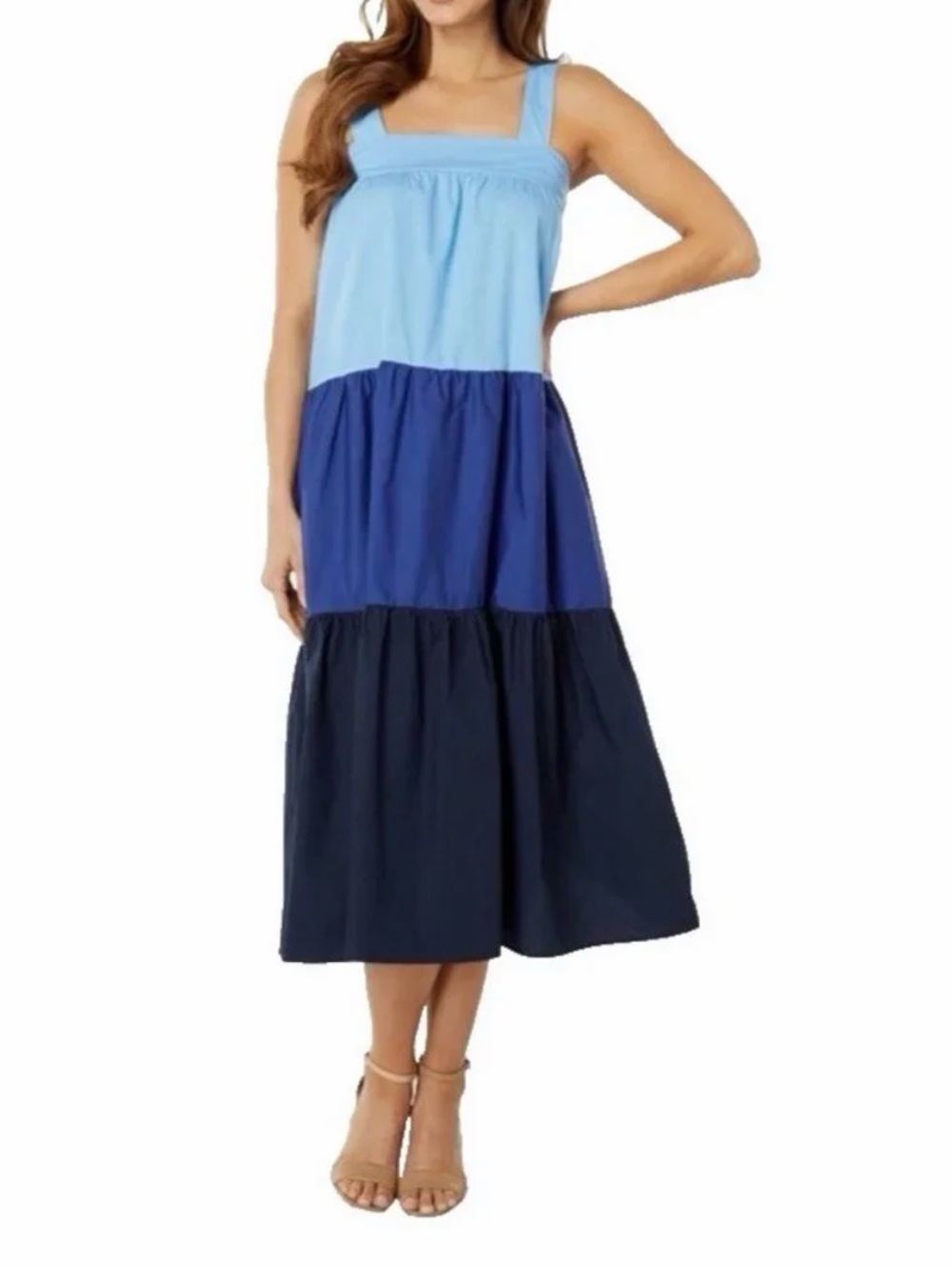 NEW Moon River Anthropologie Tiered Colorblock Ombre Blue Dress Cotton Sz Small